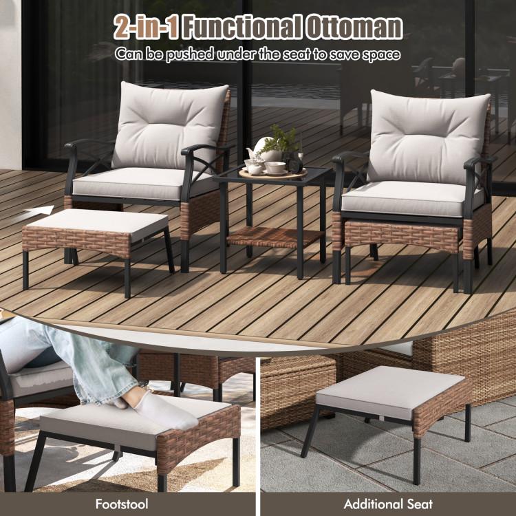 5 Pieces Wicker Patio Furniture Set Ottomans and Cushions and 2-Tier Tempered Glass Side Table - Gallery View 7 of 10